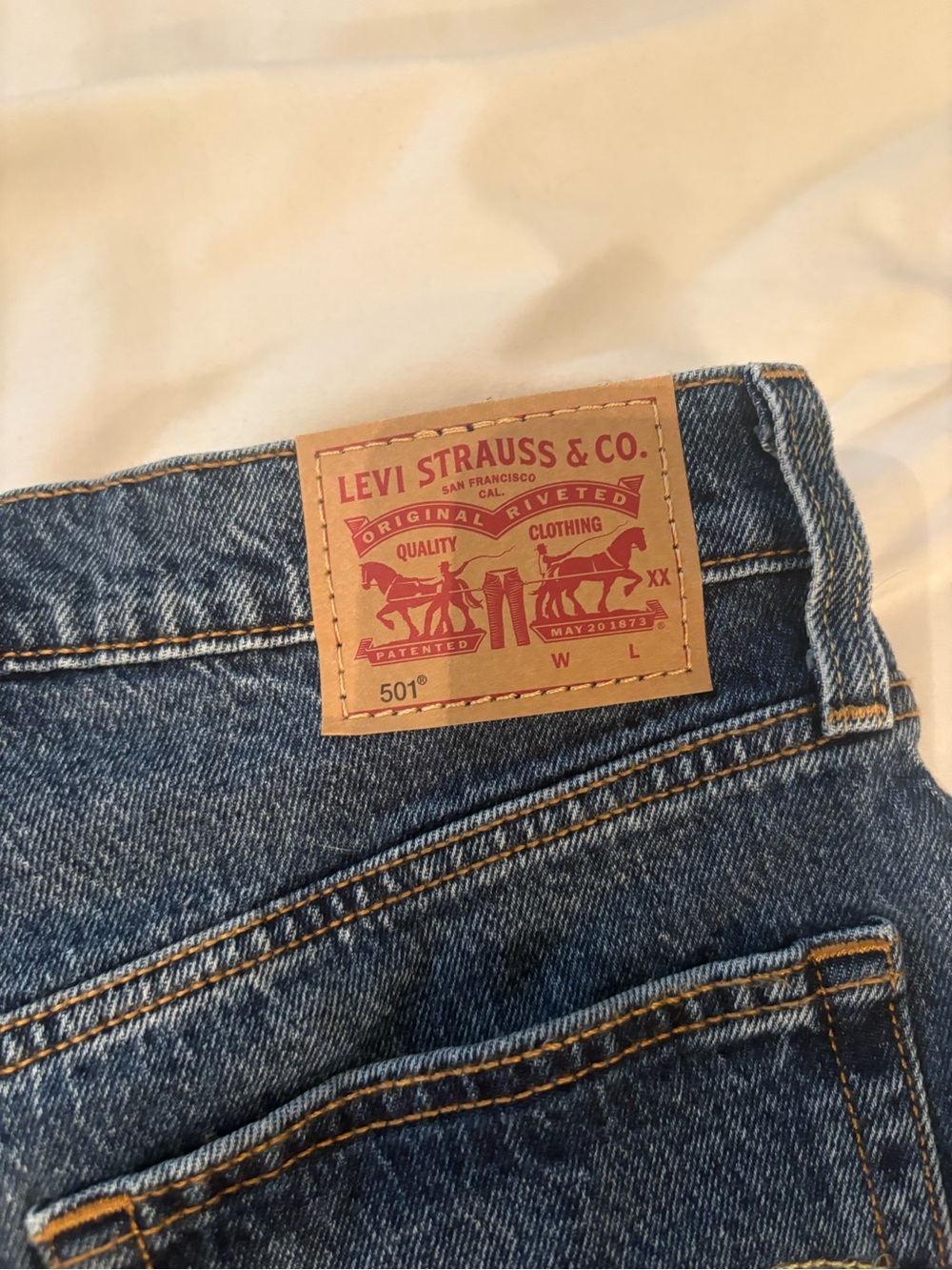 Levi's 501s Blue Denim Jean Shorts with Tan Leather Patch